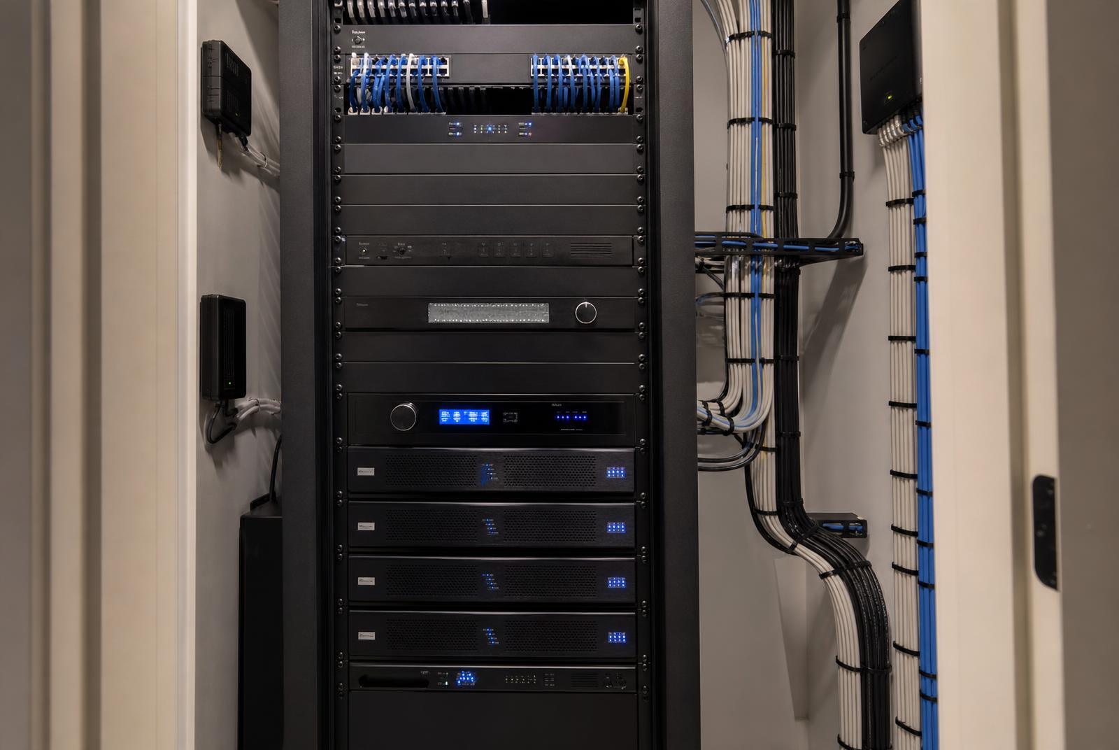 Rack-mounted AV and network equipment installed in a Charlotte home
