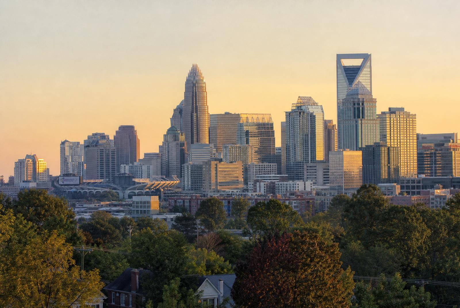 Uptown Charlotte skyline visible from south Charlotte