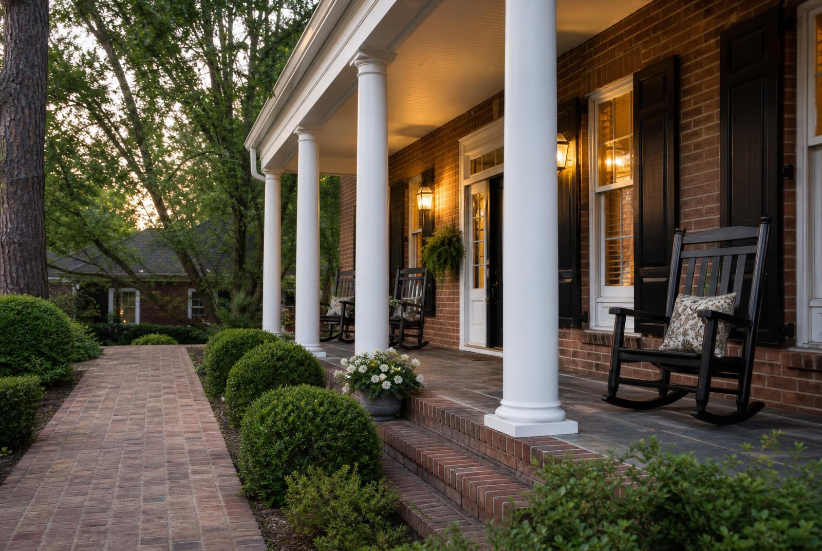 Front porch and brick walkway of a Sedgefield home