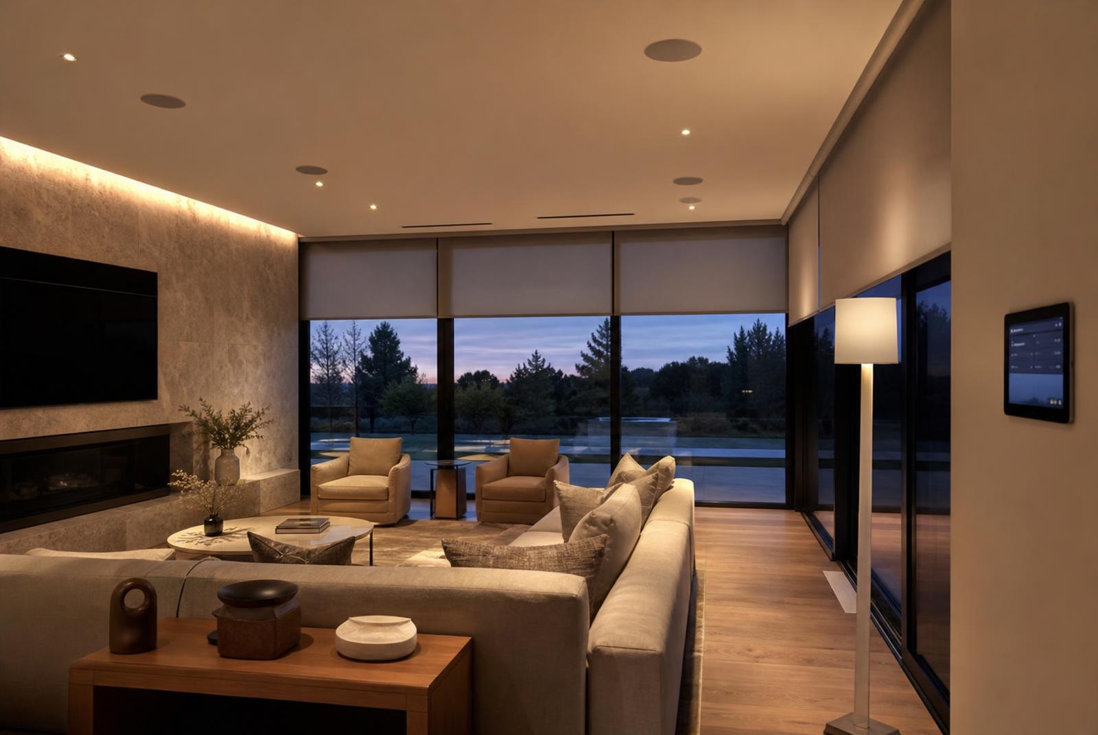 Living room with automated shades and integrated lighting control